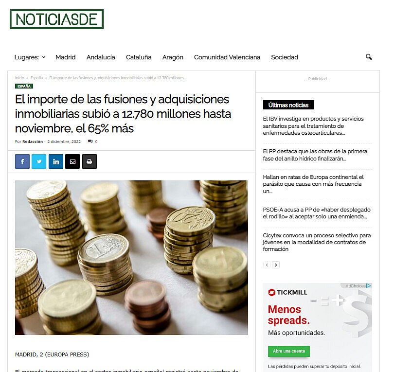 El importe de las fusiones y adquisiciones inmobiliarias subi a 12.780 millones hasta noviembre, el 65% ms